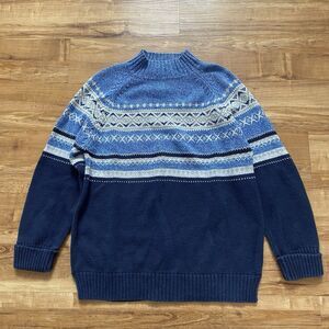 VTG Womens S Blue Fair Isle Nordic Oversized Sweater Mock Neck 90s Scandinavian